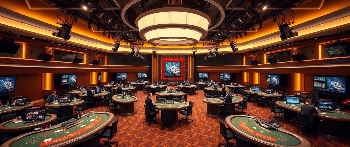 Evolution Gaming live casino studio with multiple dealer tables and screens